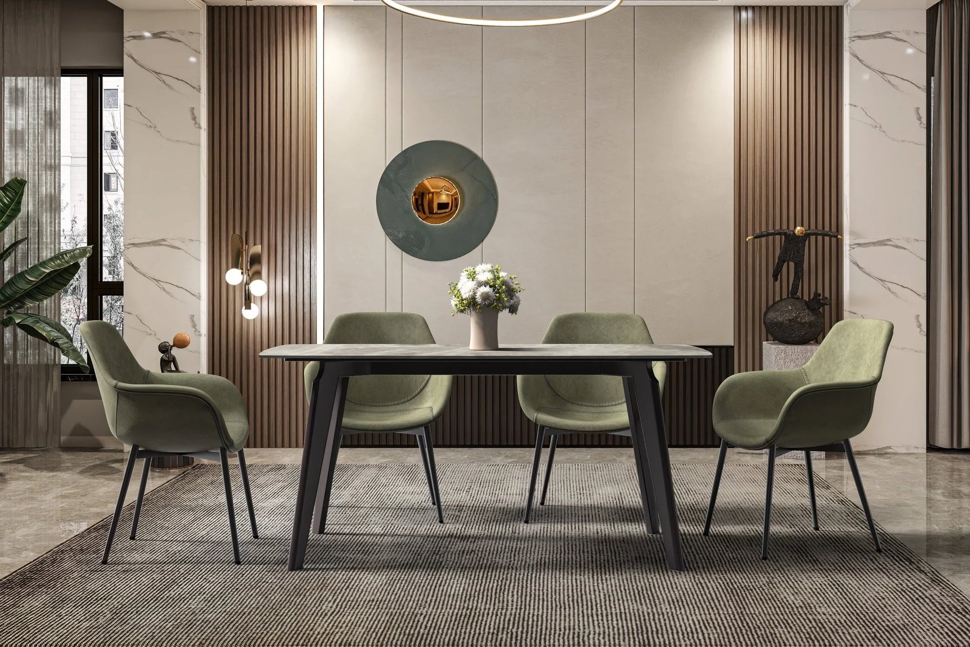 Krevor Modern Dining Table with Rectangular Stone/Glass Wide Tabletop with Black Steel Legs - Elax Furniture