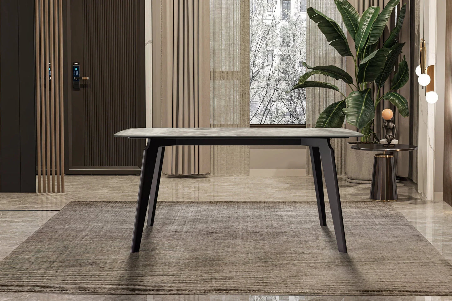 Krevor Modern Dining Table with Rectangular Stone/Glass Wide Tabletop with Black Steel Legs - Elax Furniture
