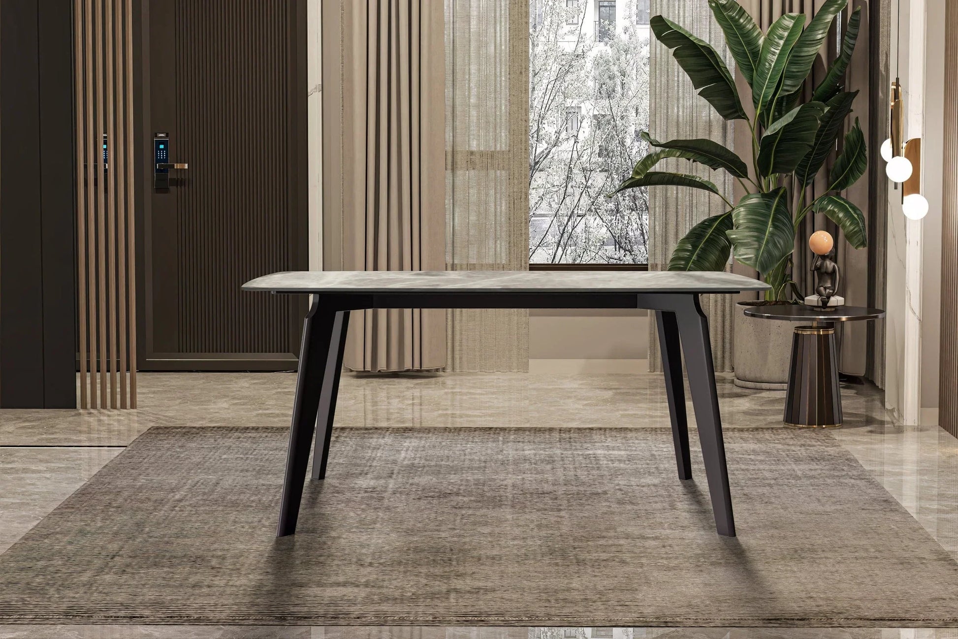 Krevor Modern Dining Table with Rectangular Stone/Glass Wide Tabletop with Black Steel Legs - Elax Furniture