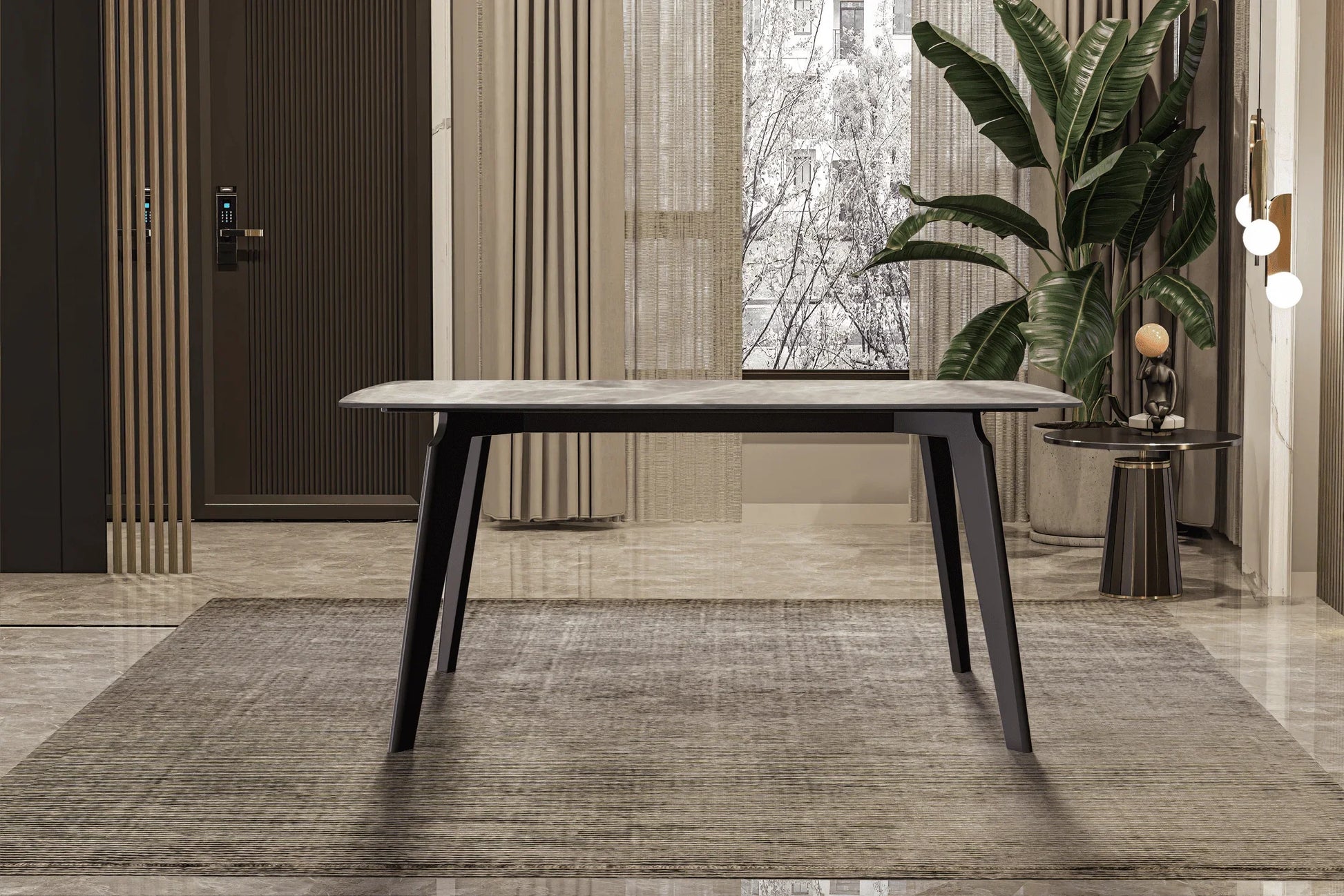 Krevor Modern Dining Table with Rectangular Stone/Glass Wide Tabletop with Black Steel Legs - Elax Furniture