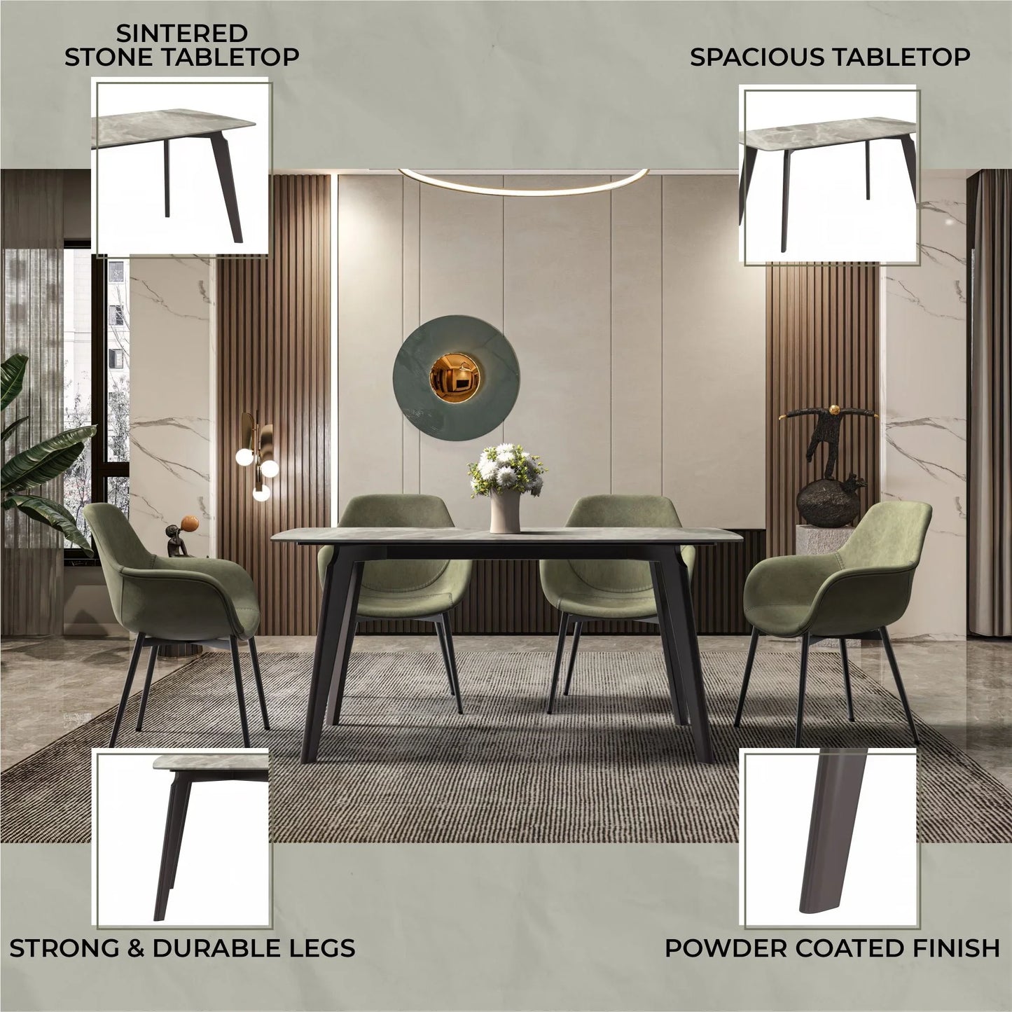 Krevor Modern Dining Table with Rectangular Stone/Glass Wide Tabletop with Black Steel Legs - Elax Furniture