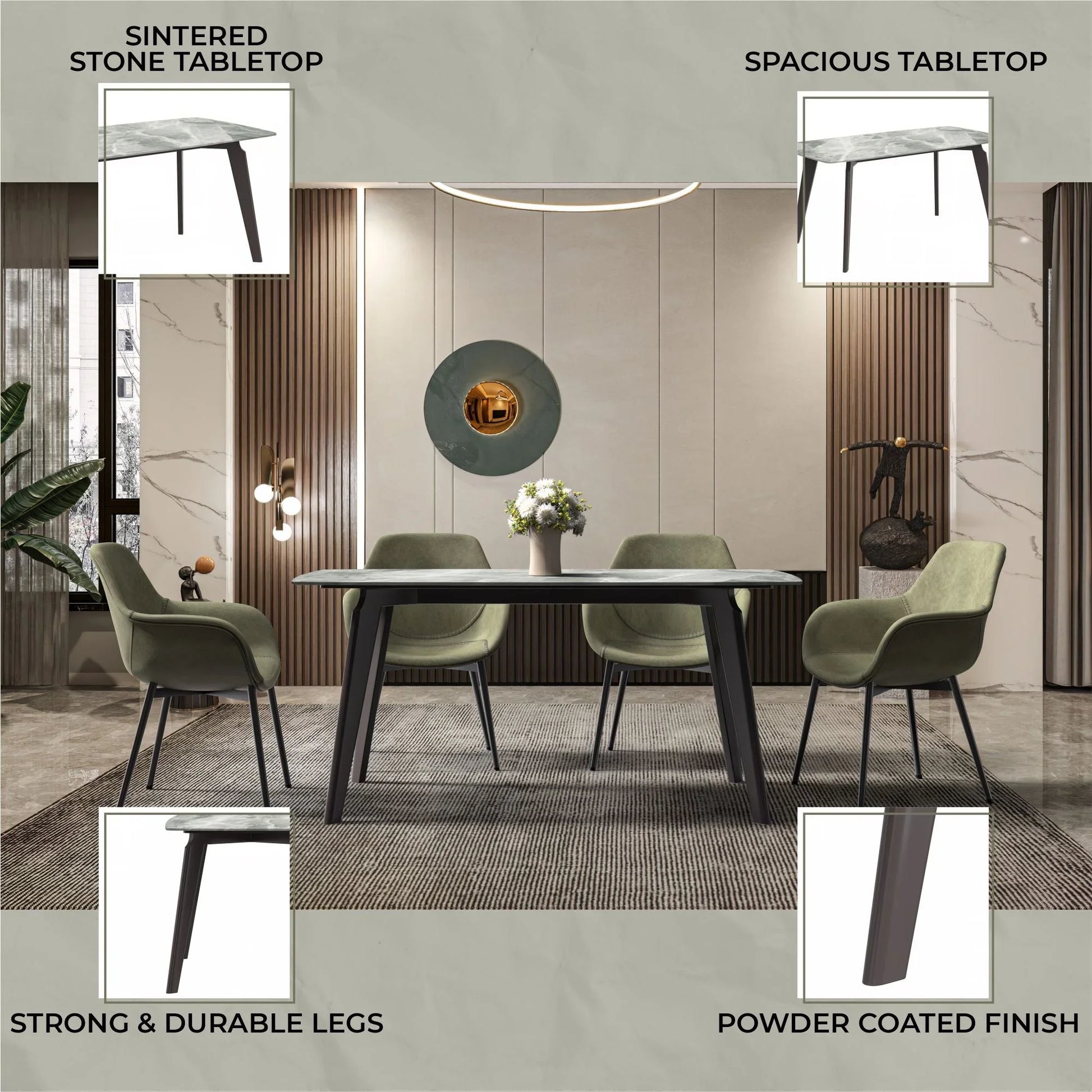 Krevor Modern Dining Table with Rectangular Stone/Glass Wide Tabletop with Black Steel Legs - Elax Furniture