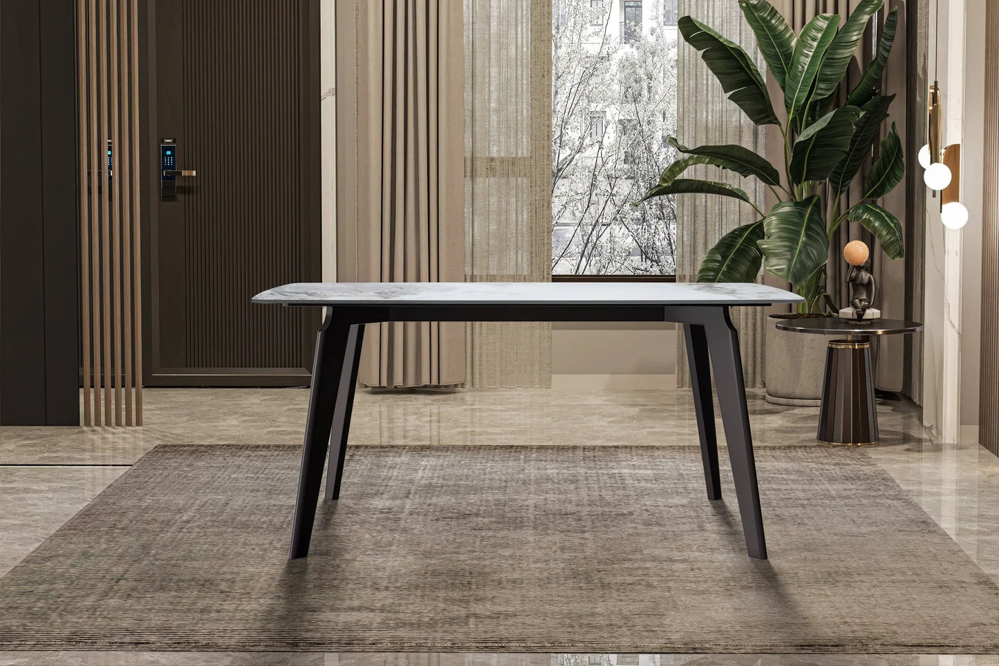 Krevor Modern Dining Table with Rectangular Stone/Glass Wide Tabletop with Black Steel Legs - Elax Furniture