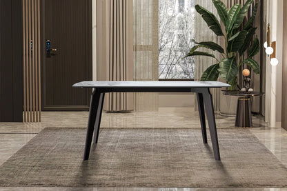 Krevor Modern Dining Table with Rectangular Stone/Glass Wide Tabletop with Black Steel Legs - Elax Furniture