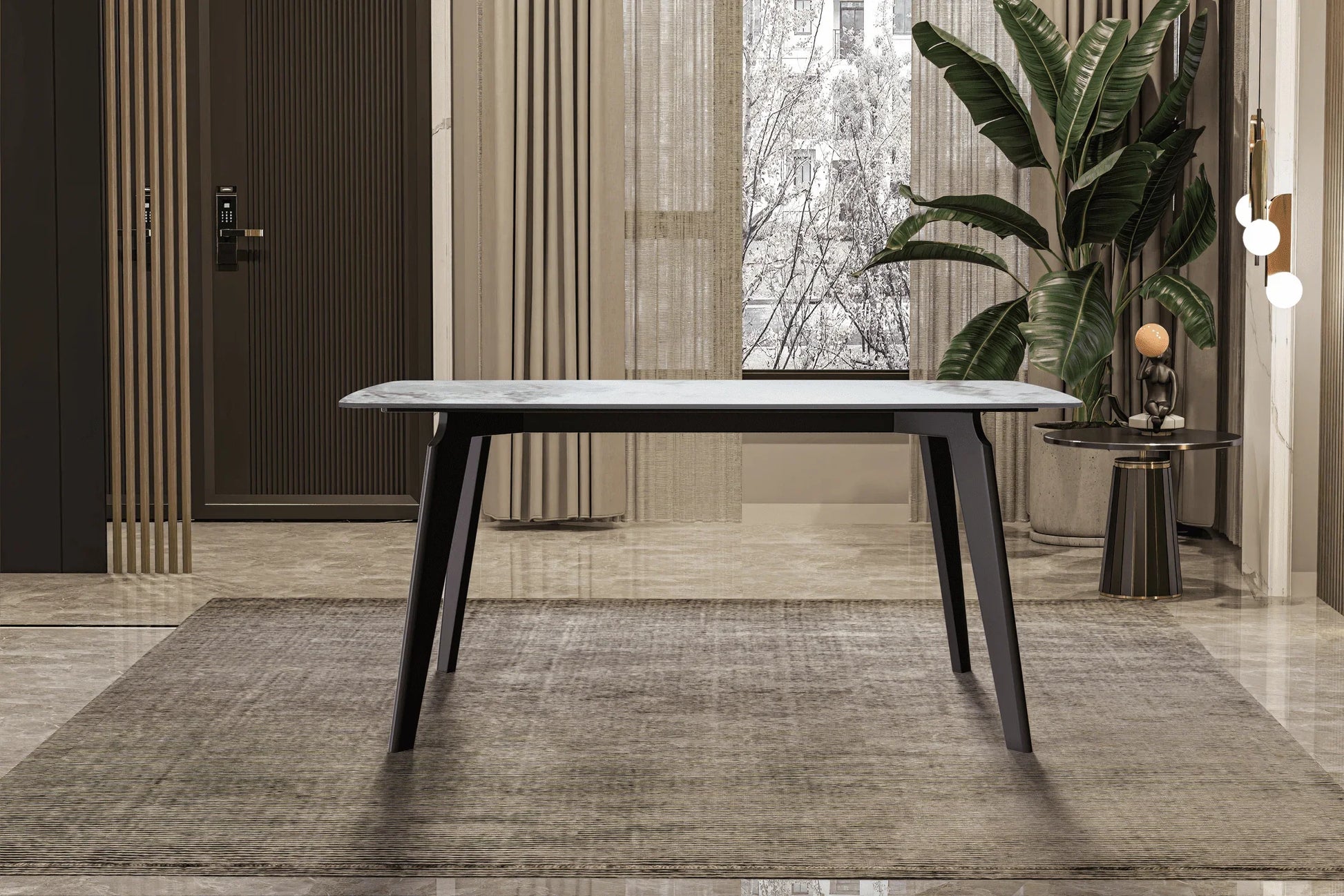 Krevor Modern Dining Table with Rectangular Stone/Glass Wide Tabletop with Black Steel Legs - Elax Furniture