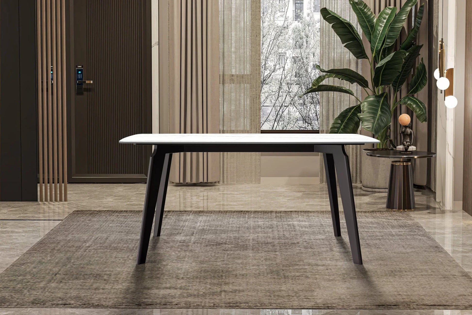 Krevor Modern Dining Table with Rectangular Stone/Glass Wide Tabletop with Black Steel Legs - Elax Furniture