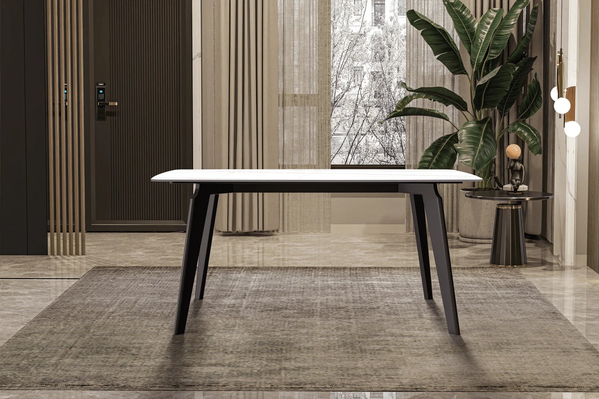 Krevor Modern Dining Table with Rectangular Stone/Glass Wide Tabletop with Black Steel Legs - Elax Furniture