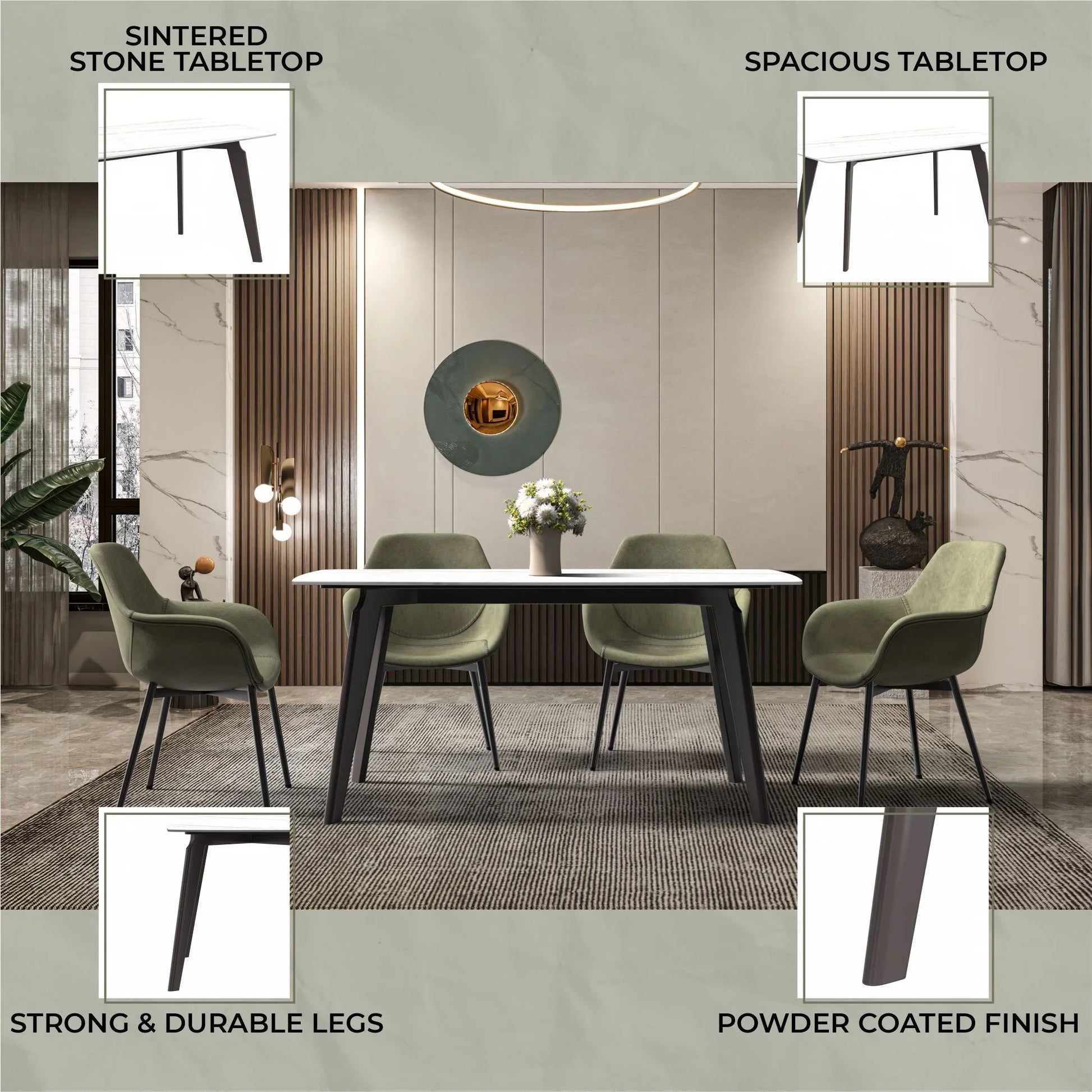 Krevor Modern Dining Table with Rectangular Stone/Glass Wide Tabletop with Black Steel Legs - Elax Furniture