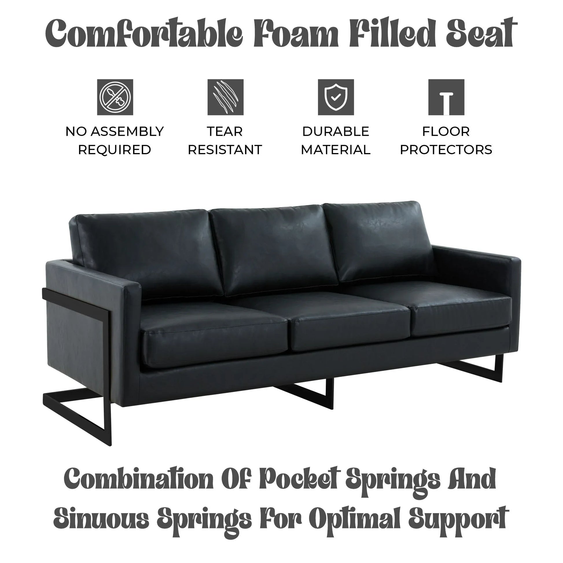 Lincoln 3-Seater Sofa Upholstered in Leather with Black Stainless Steel Frame - Elax Furniture