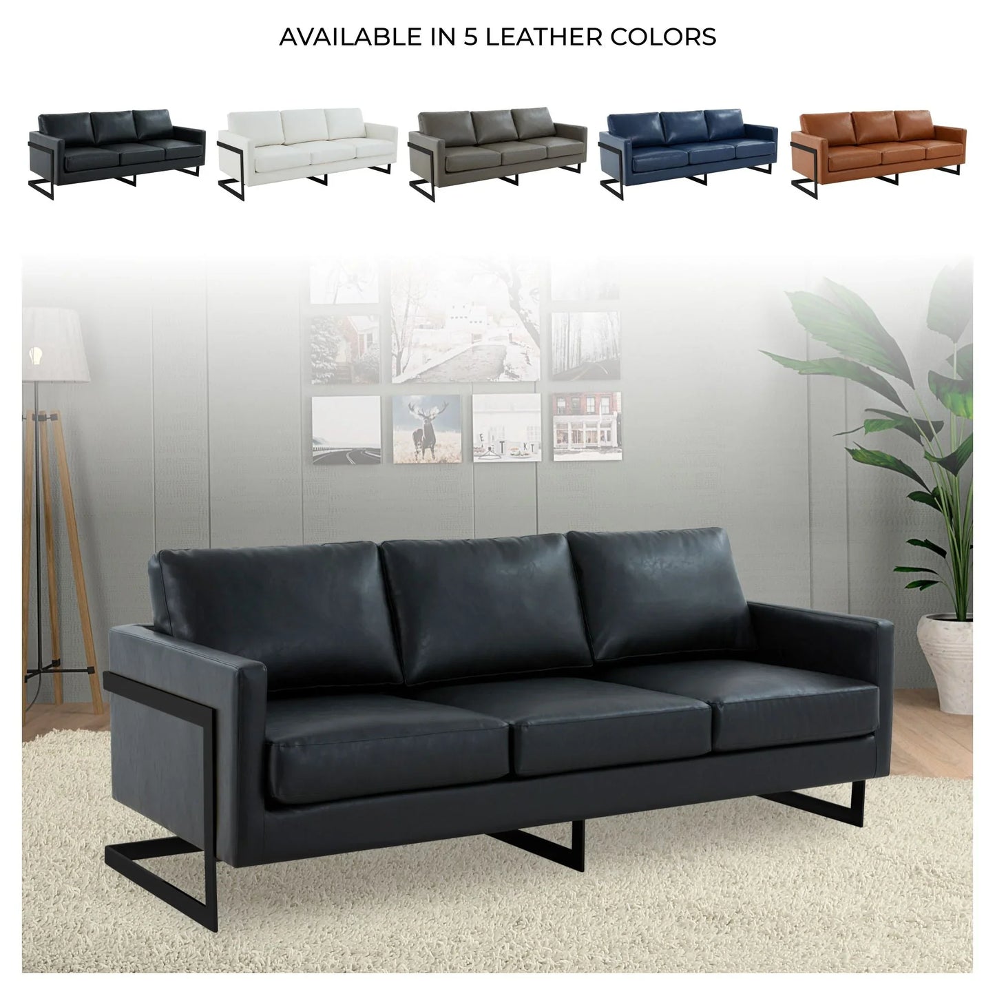 Lincoln 3-Seater Sofa Upholstered in Leather with Black Stainless Steel Frame - Elax Furniture