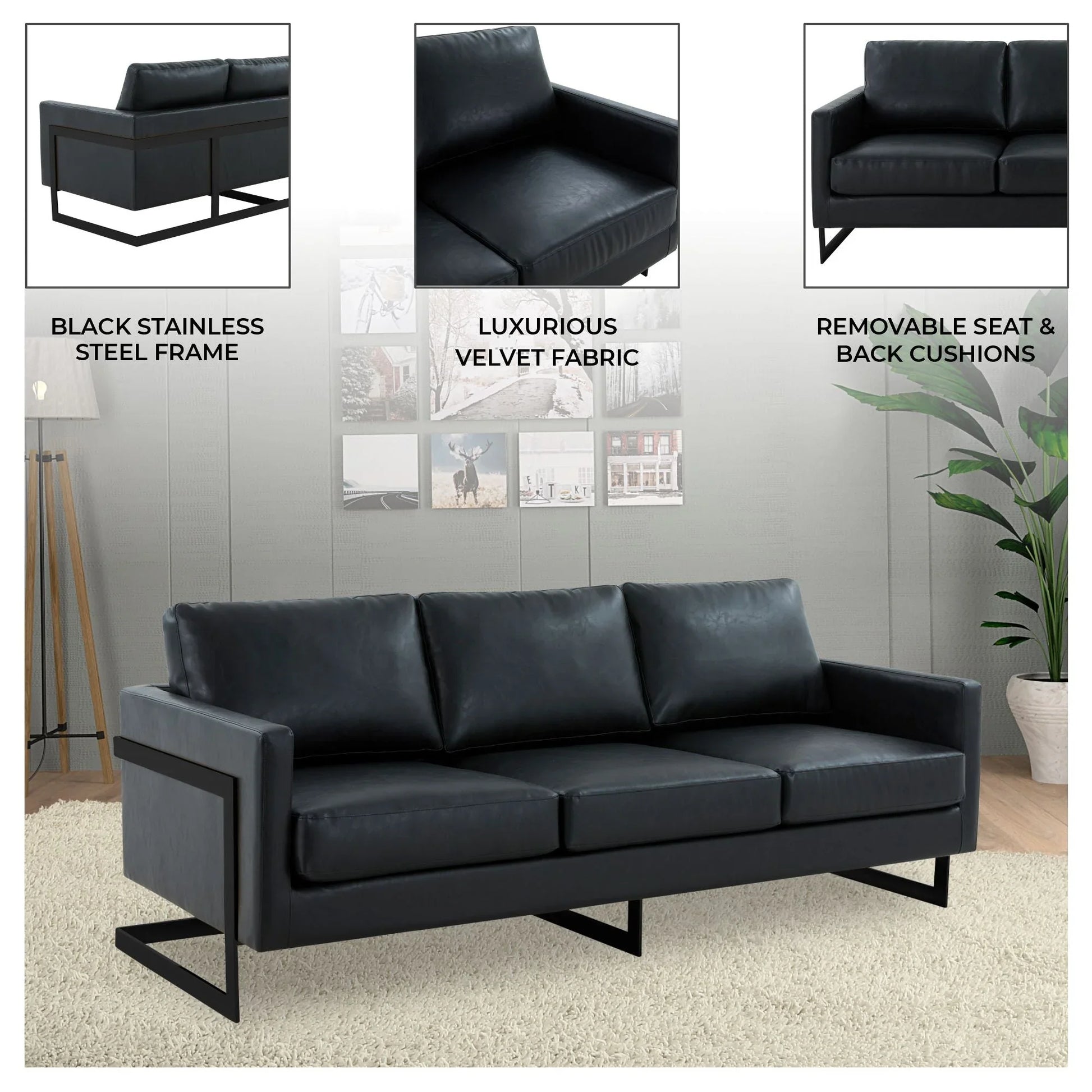 Lincoln 3-Seater Sofa Upholstered in Leather with Black Stainless Steel Frame - Elax Furniture