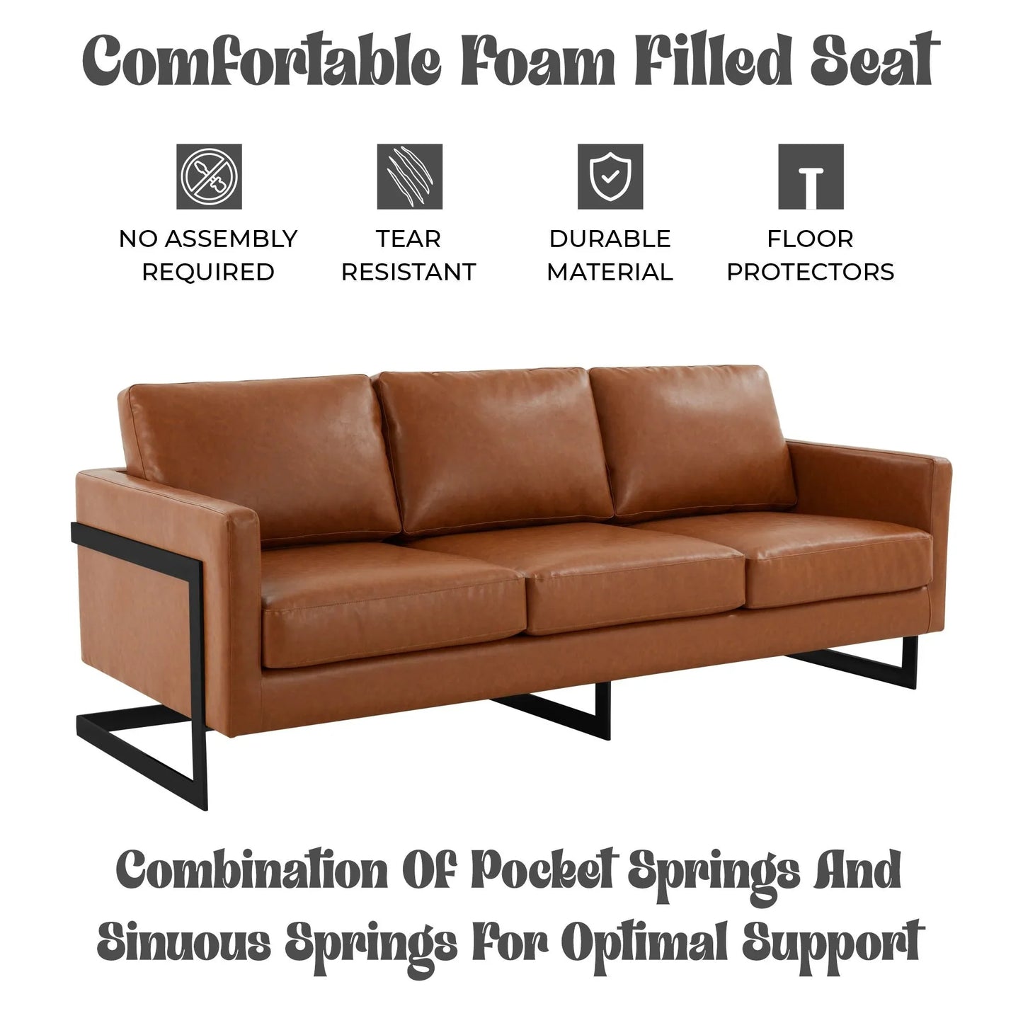 Lincoln 3-Seater Sofa Upholstered in Leather with Black Stainless Steel Frame - Elax Furniture