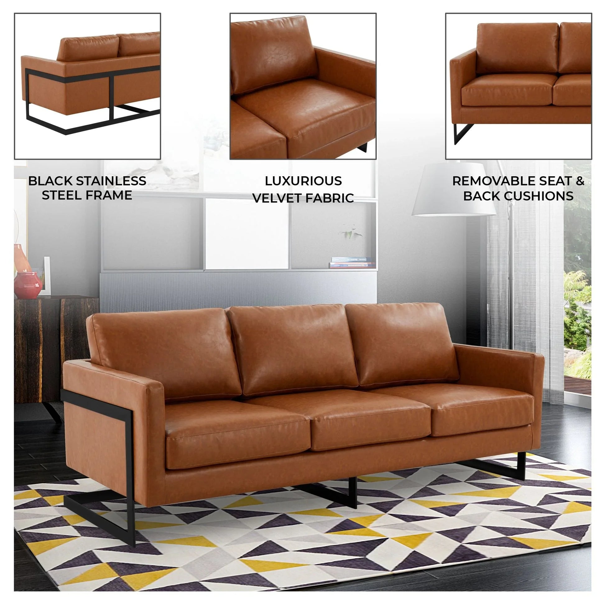 Lincoln 3-Seater Sofa Upholstered in Leather with Black Stainless Steel Frame - Elax Furniture