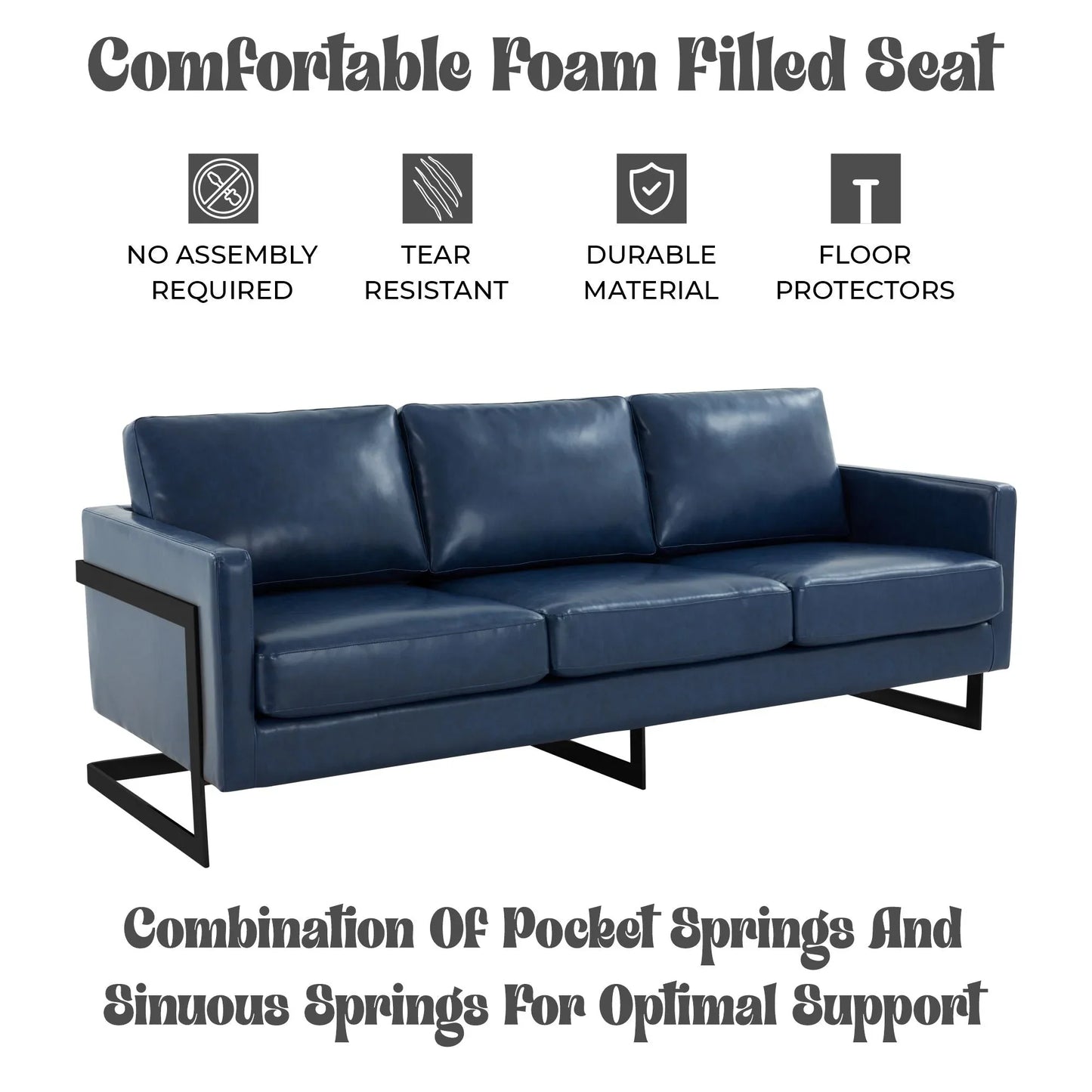 Lincoln 3-Seater Sofa Upholstered in Leather with Black Stainless Steel Frame - Elax Furniture