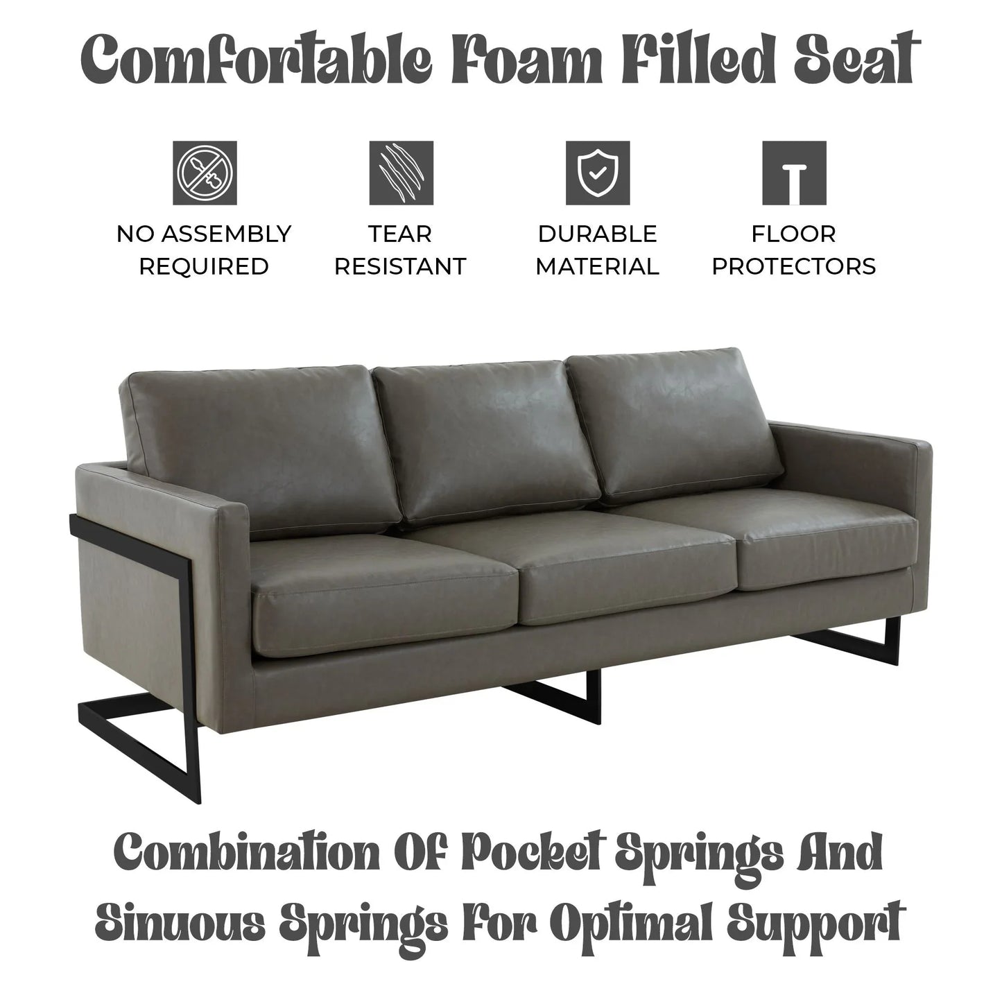 Lincoln 3-Seater Sofa Upholstered in Leather with Black Stainless Steel Frame - Elax Furniture