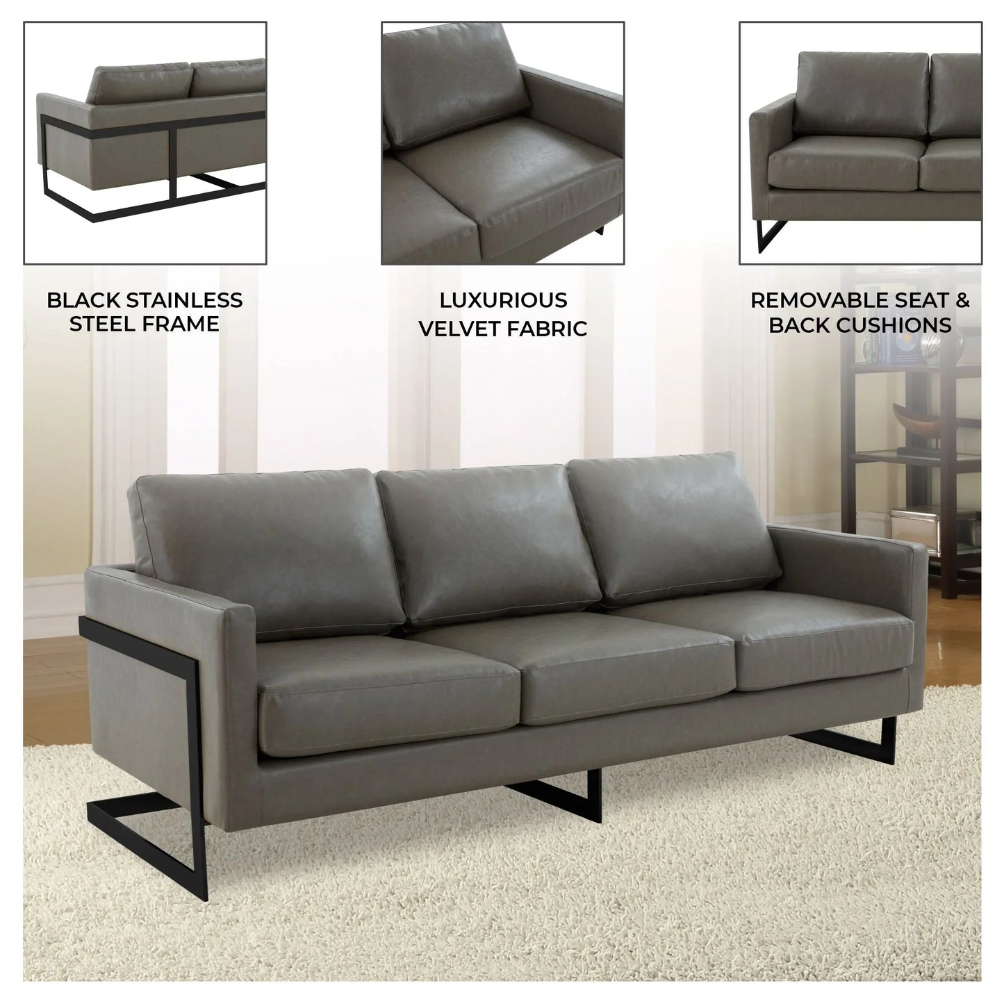 Lincoln 3-Seater Sofa Upholstered in Leather with Black Stainless Steel Frame - Elax Furniture
