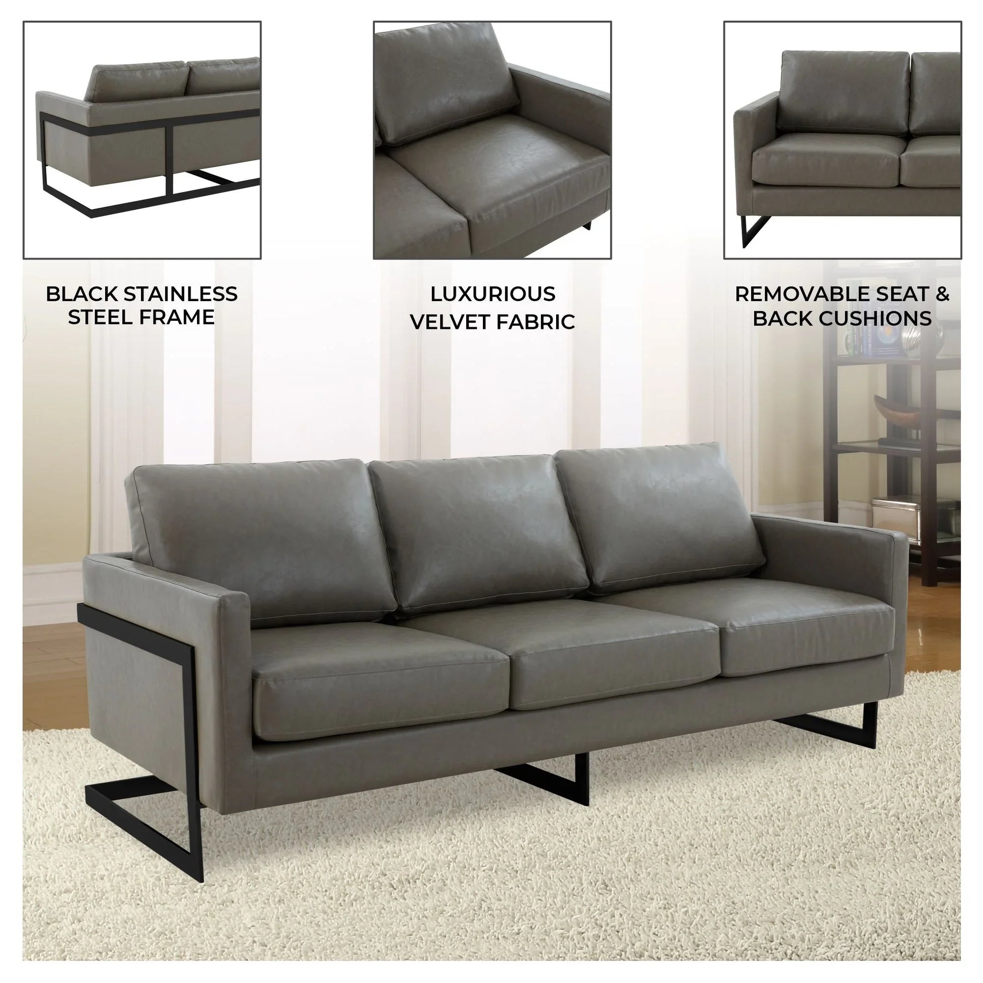 Lincoln 3-Seater Sofa Upholstered in Leather with Black Stainless Steel Frame - Elax Furniture