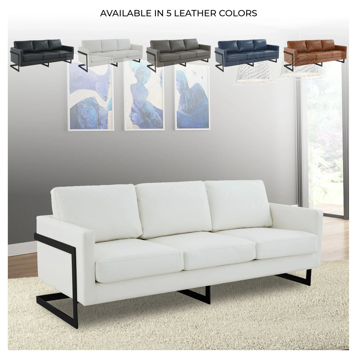 Lincoln 3-Seater Sofa Upholstered in Leather with Black Stainless Steel Frame - Elax Furniture