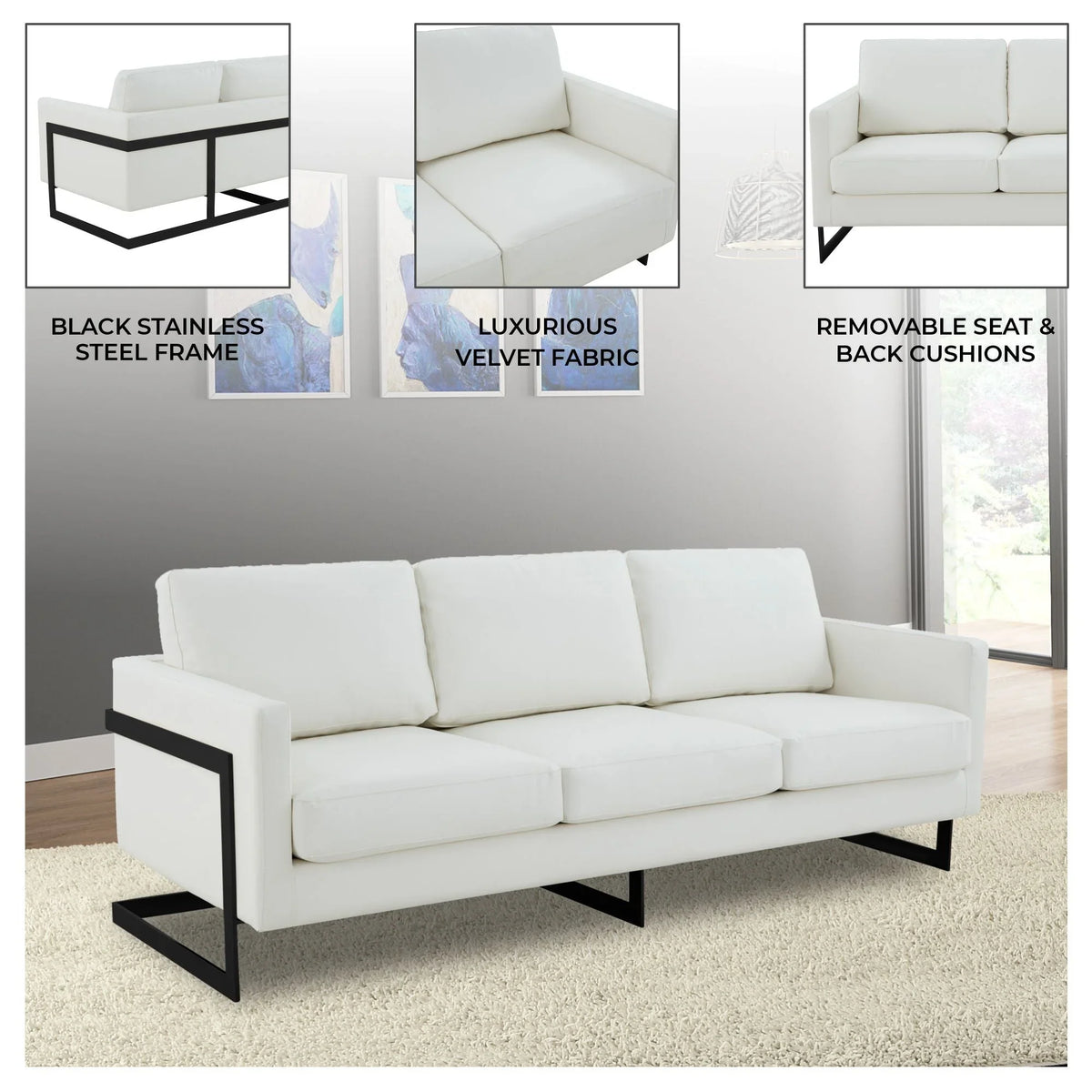 Lincoln 3-Seater Sofa Upholstered in Leather with Black Stainless Steel Frame - Elax Furniture
