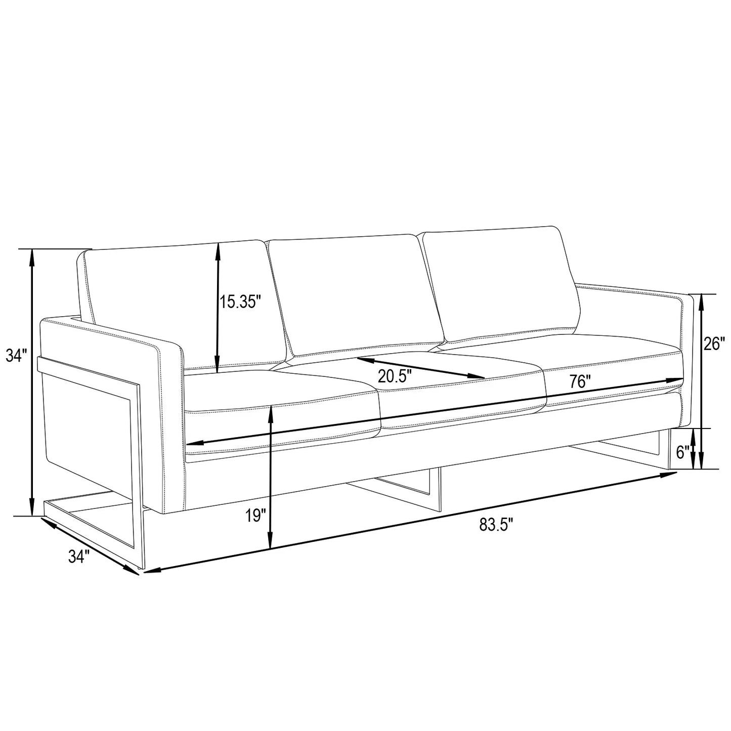 Lincoln 3-Seater Velvet/Leather Full Size Sofa in Stainless Steel - Elax Furniture