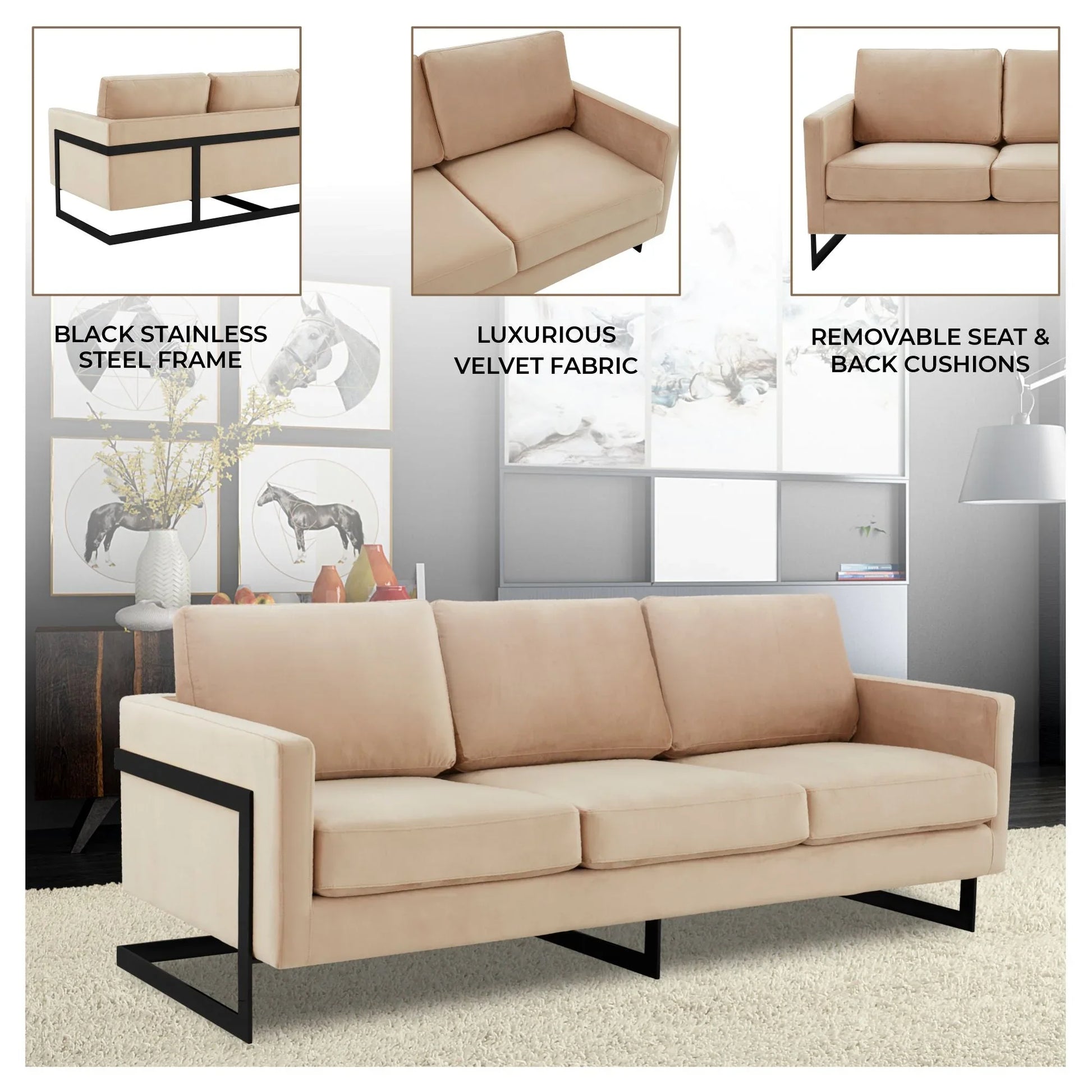 Lincoln 3-Seater Upholstered Velvet Sofa with Black Stainless-Steel Base - Elax Furniture