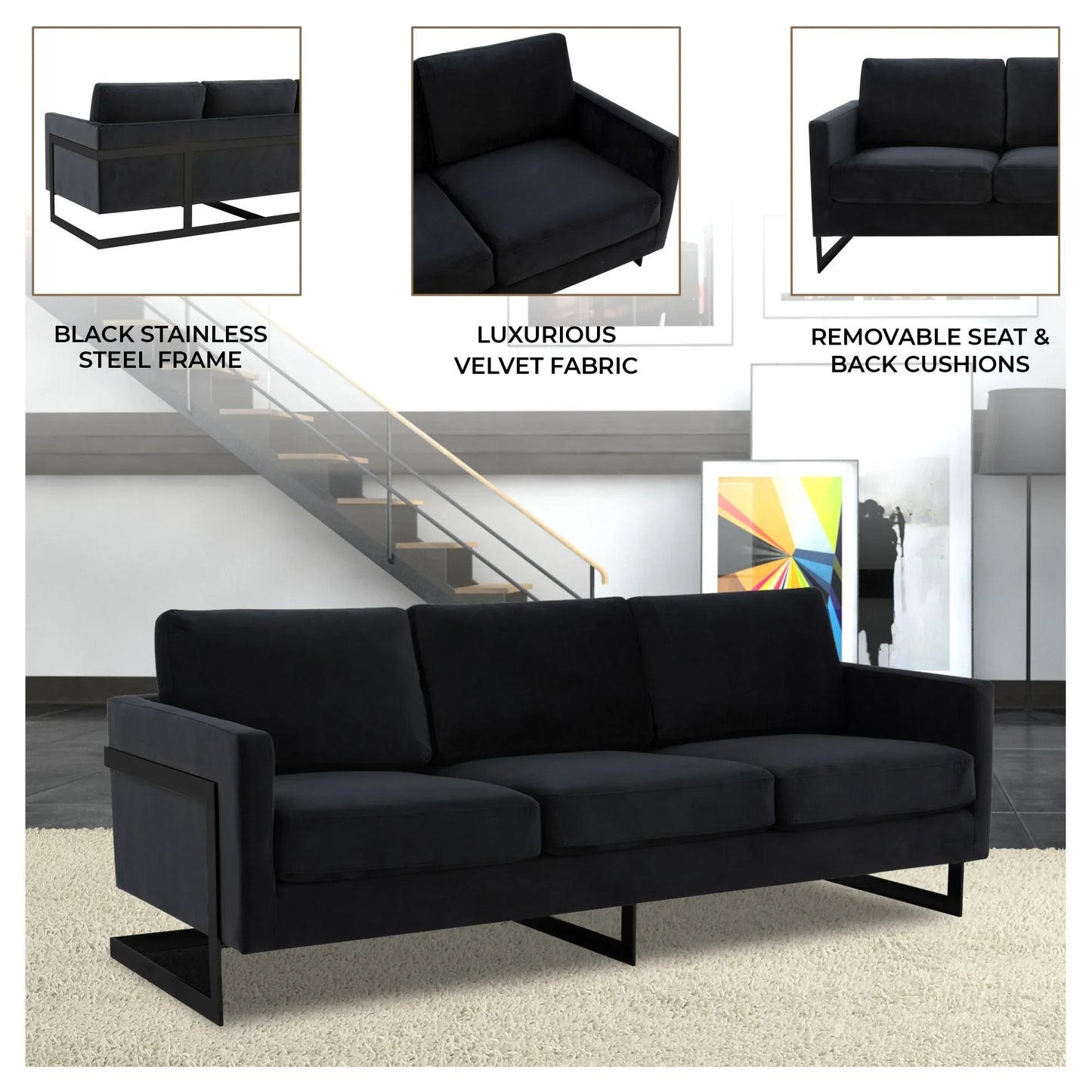 Lincoln 3-Seater Upholstered Velvet Sofa with Black Stainless-Steel Base - Elax Furniture