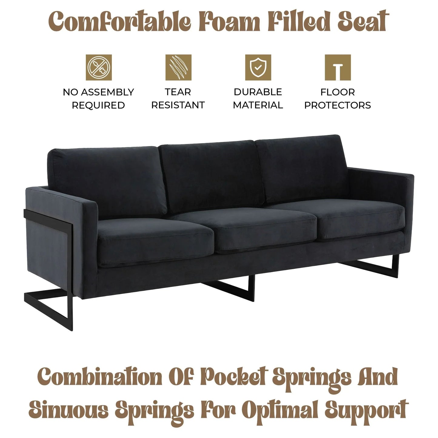 Lincoln 3-Seater Upholstered Velvet Sofa with Black Stainless-Steel Base - Elax Furniture