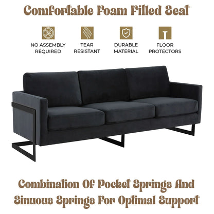 Lincoln 3-Seater Upholstered Velvet Sofa with Black Stainless-Steel Base - Elax Furniture