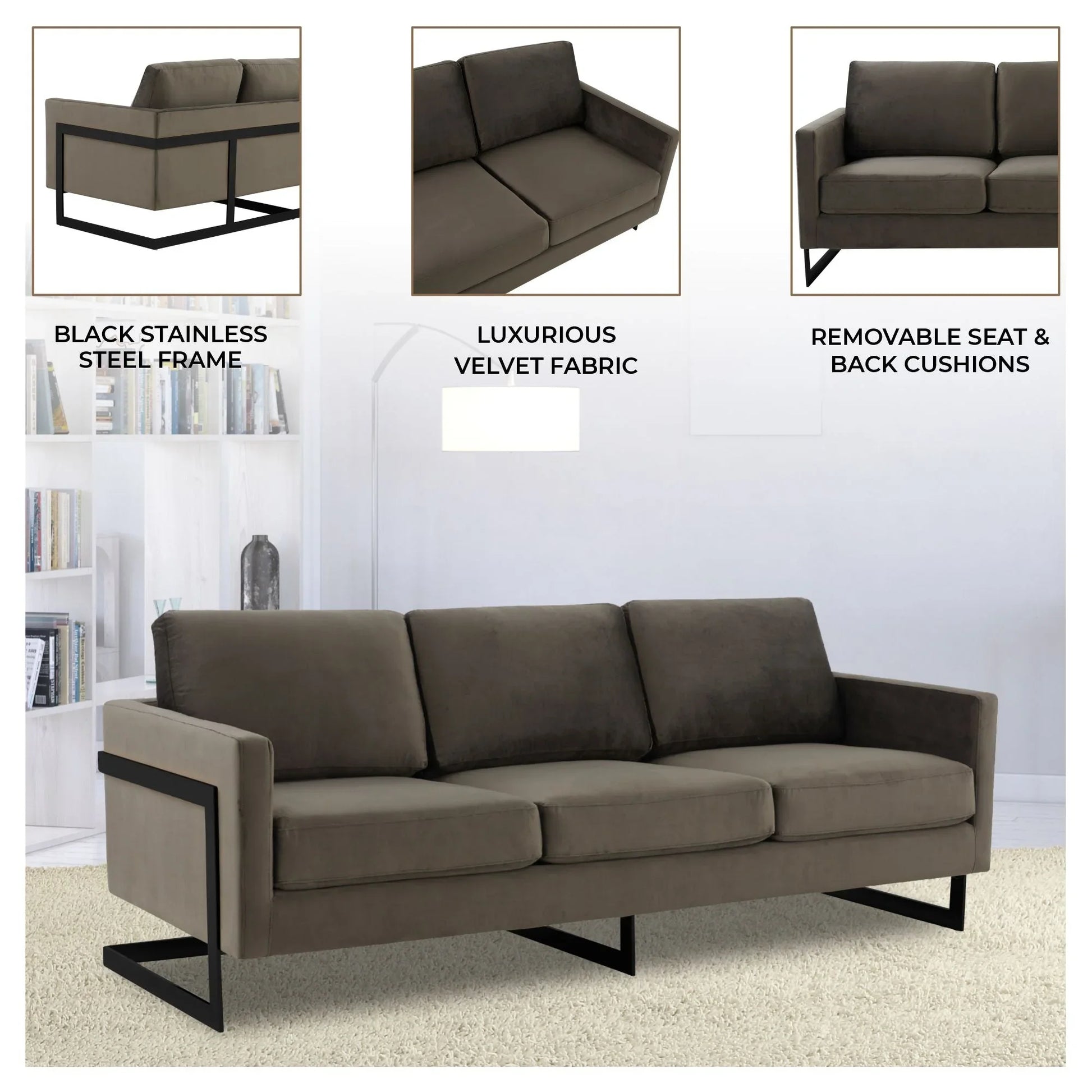 Lincoln 3-Seater Upholstered Velvet Sofa with Black Stainless-Steel Base - Elax Furniture