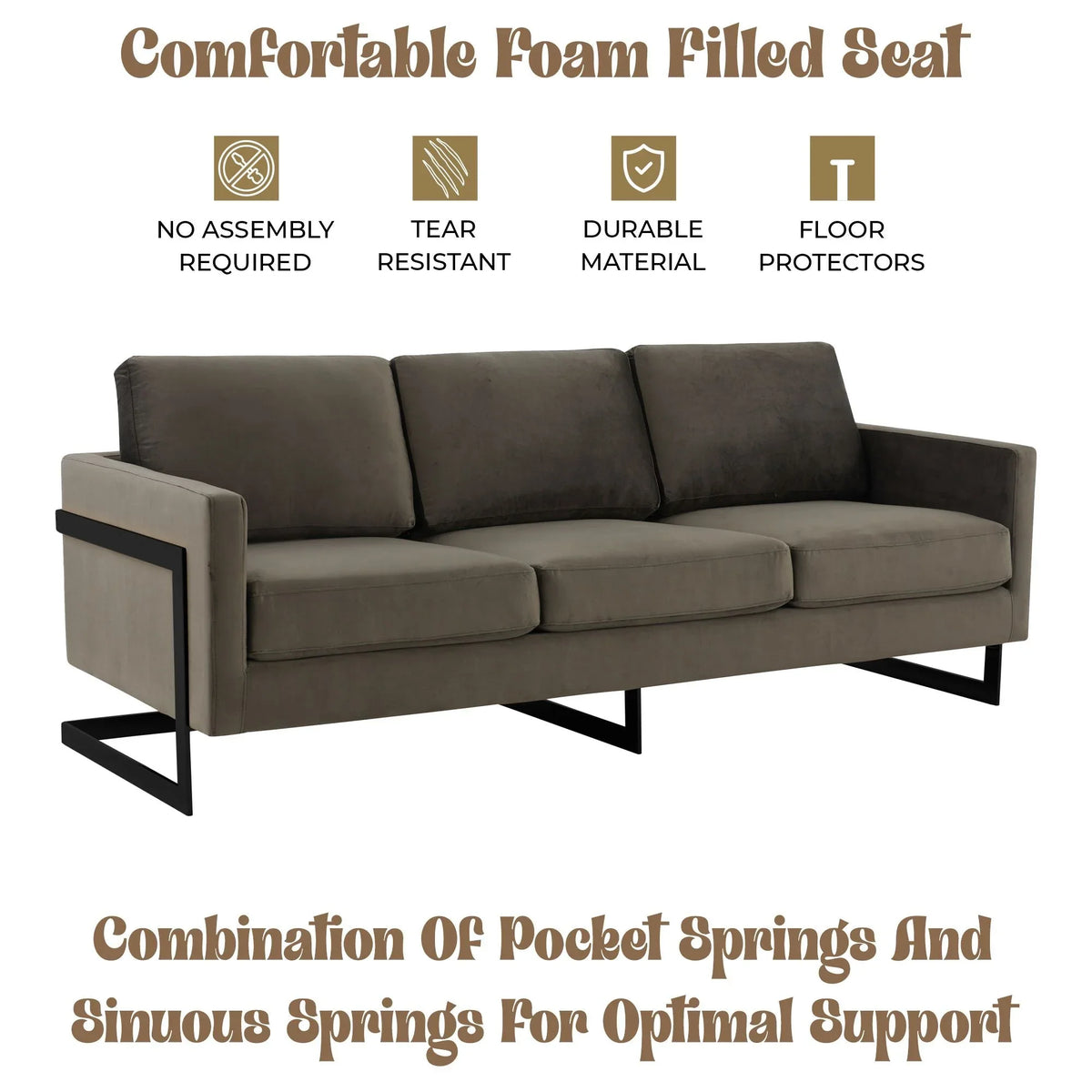 Lincoln 3-Seater Upholstered Velvet Sofa with Black Stainless-Steel Base - Elax Furniture
