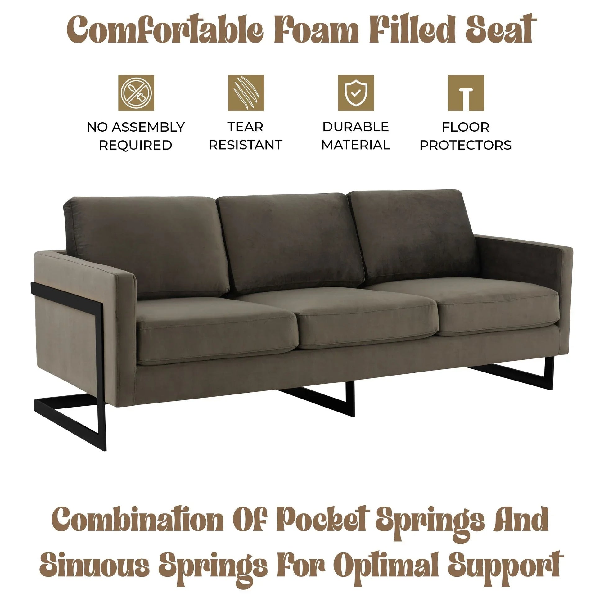 Lincoln 3-Seater Upholstered Velvet Sofa with Black Stainless-Steel Base - Elax Furniture