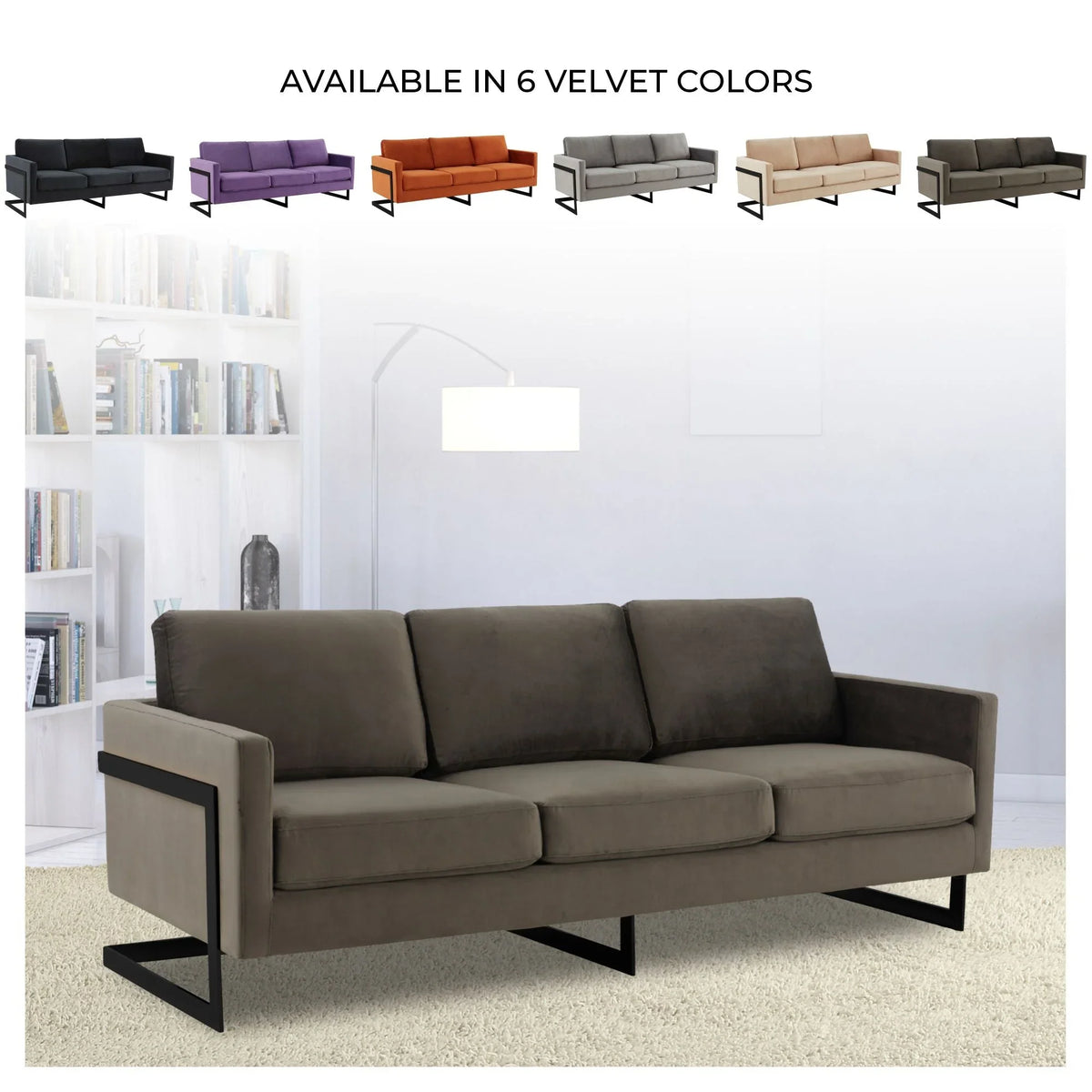 Lincoln 3-Seater Upholstered Velvet Sofa with Black Stainless-Steel Base - Elax Furniture