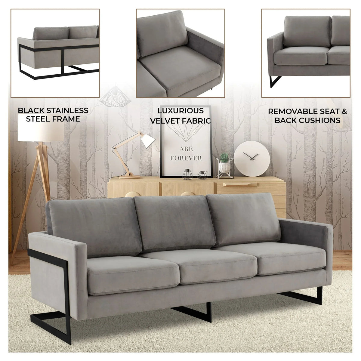 Lincoln 3-Seater Upholstered Velvet Sofa with Black Stainless-Steel Base - Elax Furniture