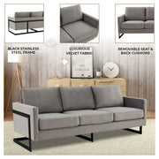 Lincoln 3-Seater Upholstered Velvet Sofa with Black Stainless-Steel Base - Elax Furniture