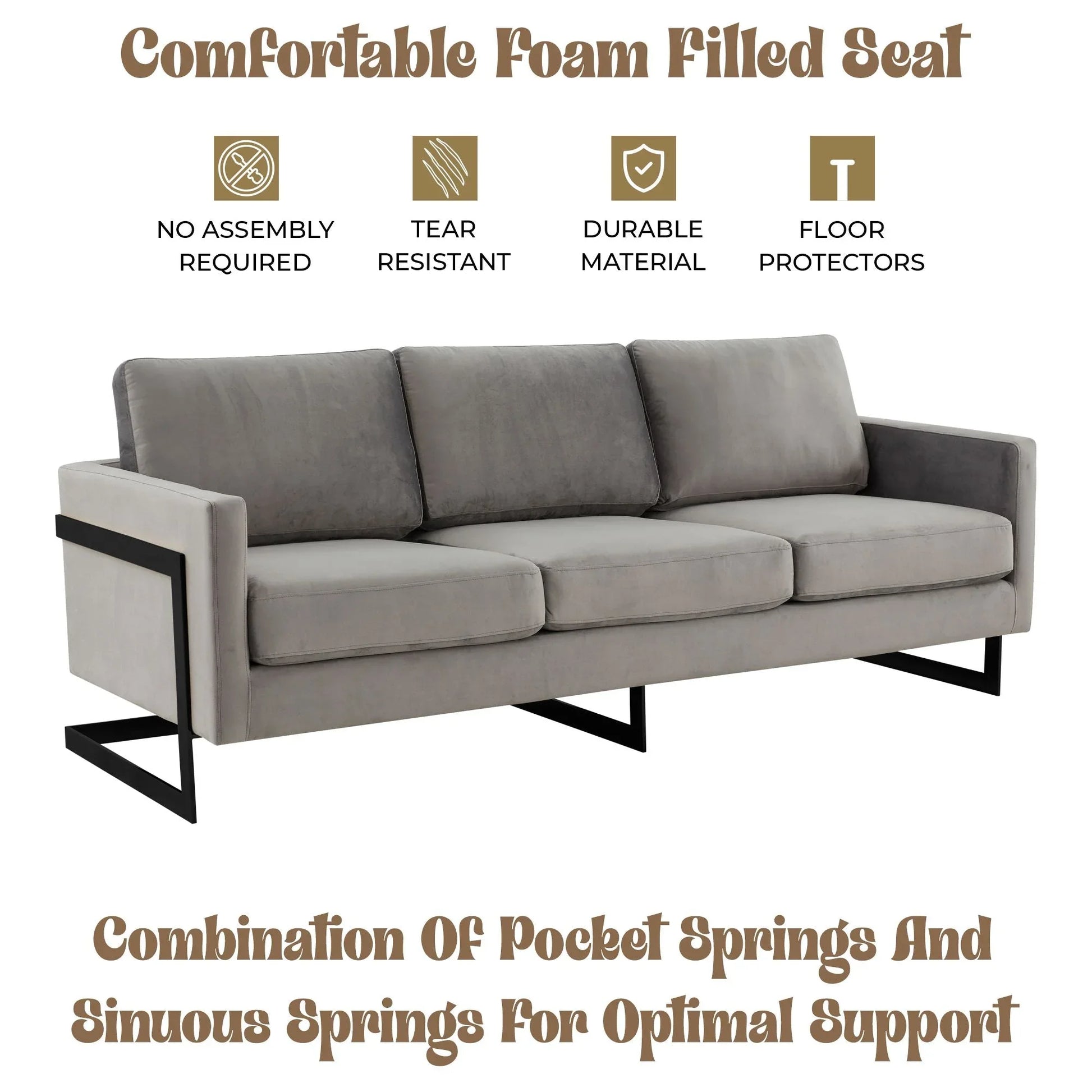 Lincoln 3-Seater Upholstered Velvet Sofa with Black Stainless-Steel Base - Elax Furniture