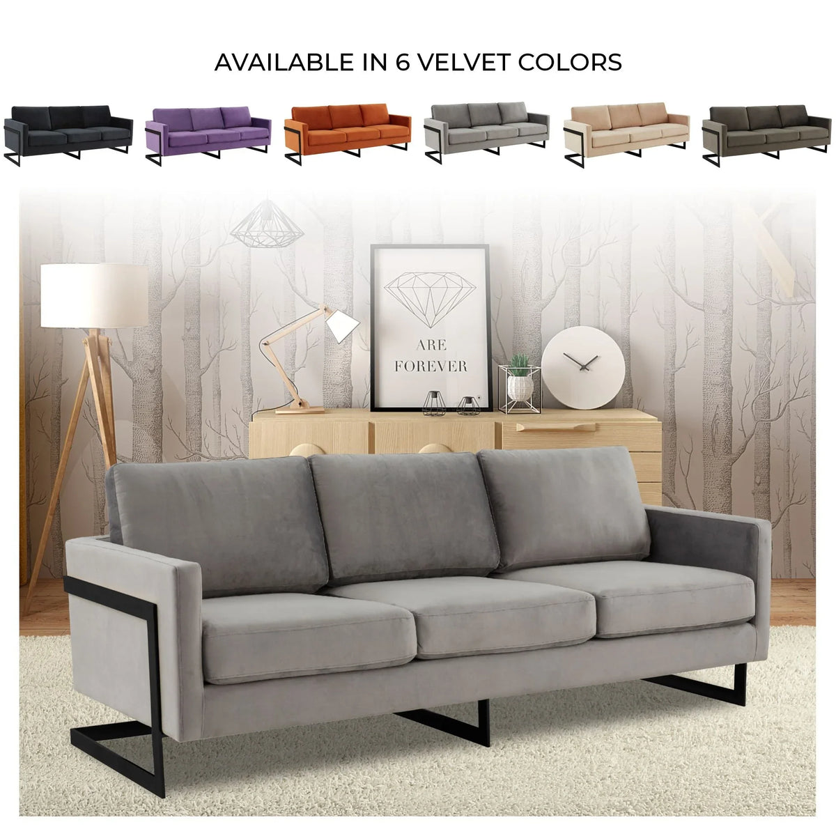 Lincoln 3-Seater Upholstered Velvet Sofa with Black Stainless-Steel Base - Elax Furniture