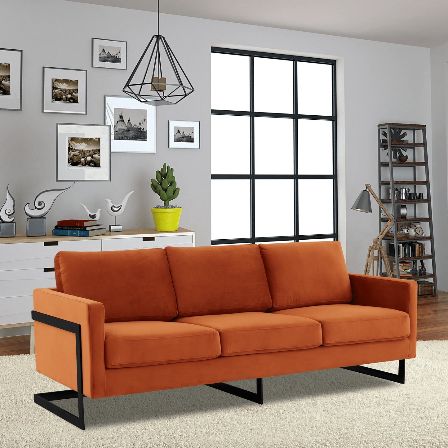 Lincoln 3-Seater Upholstered Velvet Sofa with Black Stainless-Steel Base - Elax Furniture