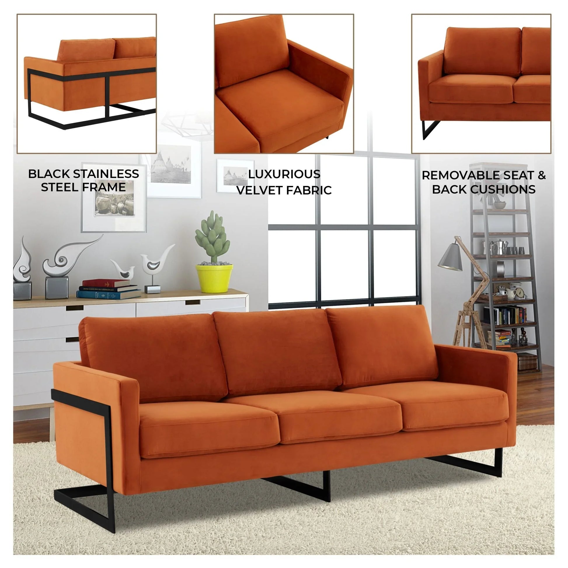 Lincoln 3-Seater Upholstered Velvet Sofa with Black Stainless-Steel Base - Elax Furniture