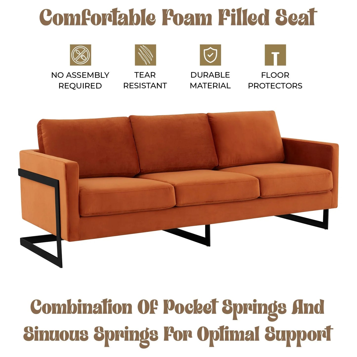 Lincoln 3-Seater Upholstered Velvet Sofa with Black Stainless-Steel Base - Elax Furniture