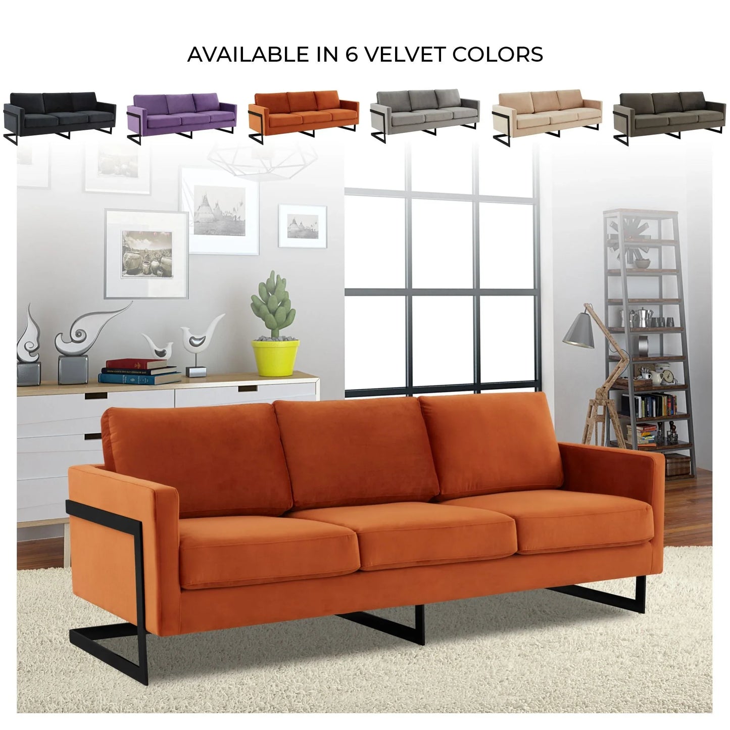 Lincoln 3-Seater Upholstered Velvet Sofa with Black Stainless-Steel Base - Elax Furniture