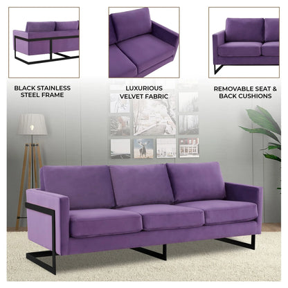 Lincoln 3-Seater Upholstered Velvet Sofa with Black Stainless-Steel Base - Elax Furniture