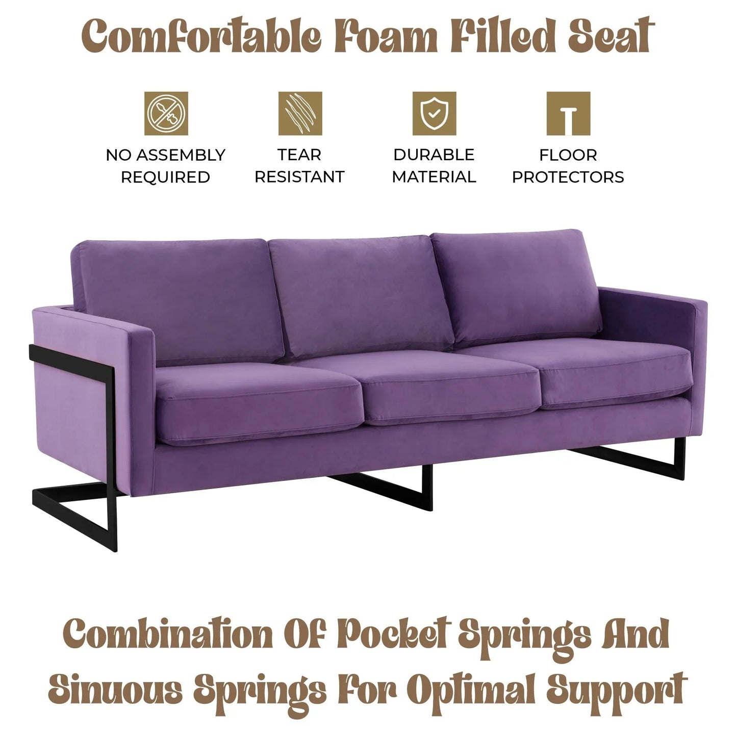 Lincoln 3-Seater Upholstered Velvet Sofa with Black Stainless-Steel Base - Elax Furniture