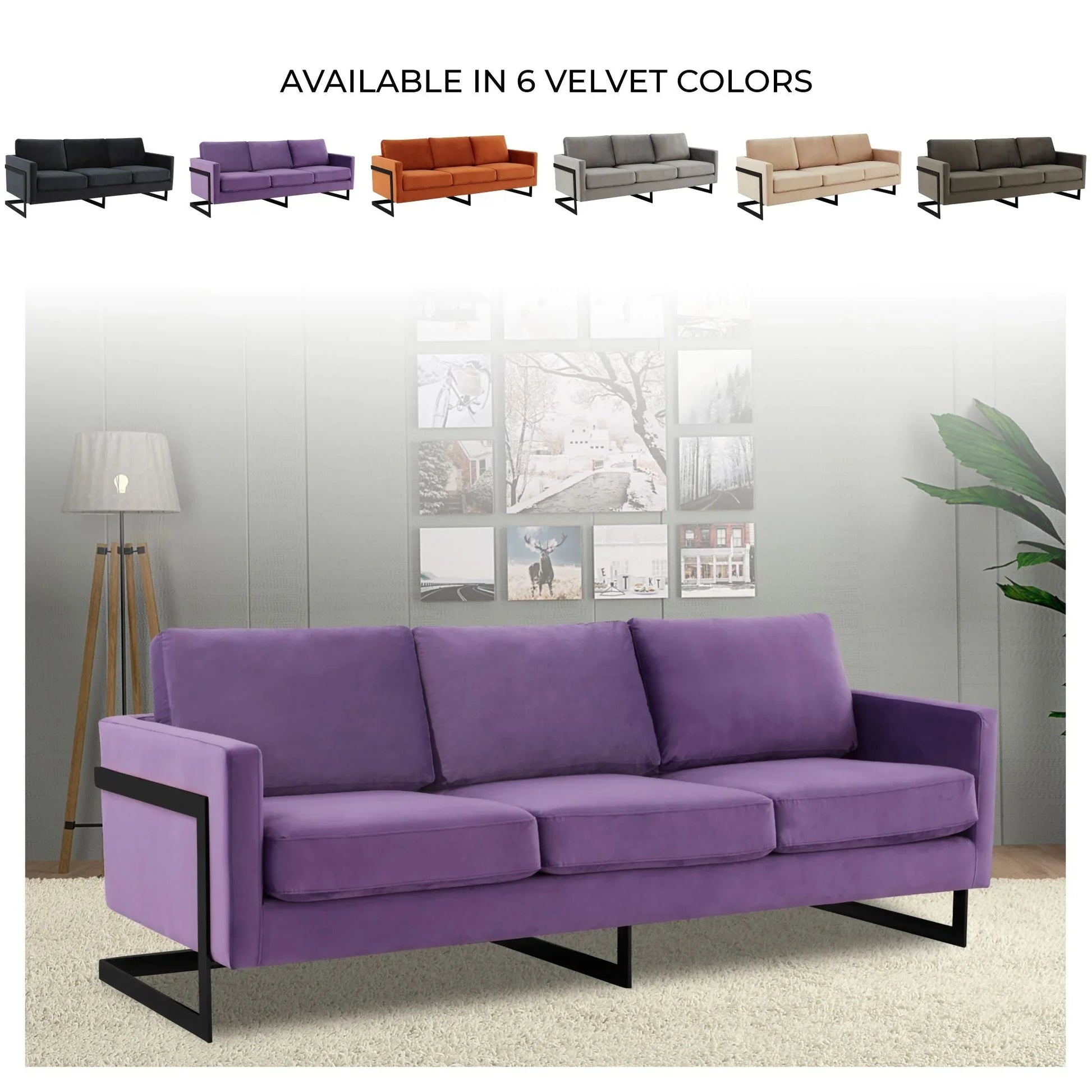 Lincoln 3-Seater Upholstered Velvet Sofa with Black Stainless-Steel Base - Elax Furniture