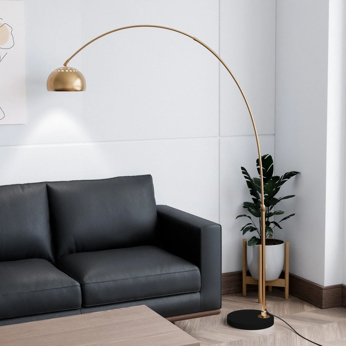 Arco Modern 76" Arched Floor Lamp: Black Marble Base & Metal Dome Shade - Elax Furniture