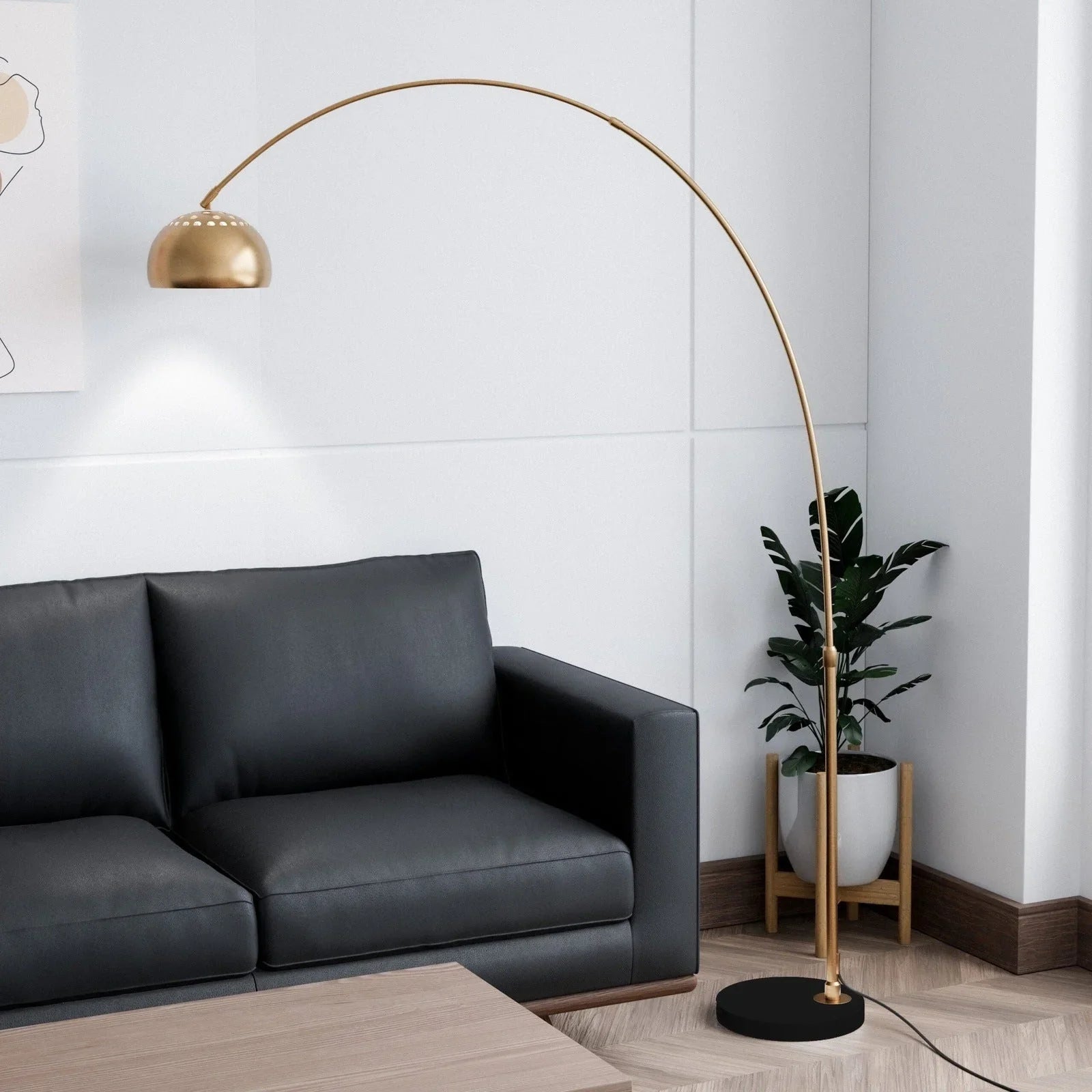 Arco Modern 76" Arched Floor Lamp: Black Marble Base & Metal Dome Shade - Elax Furniture