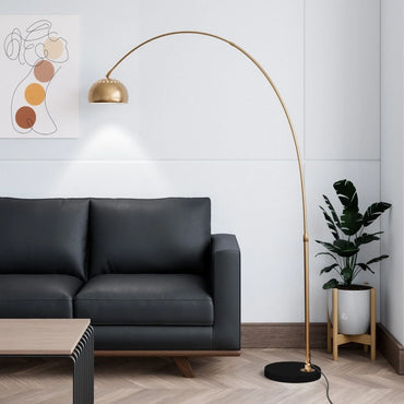 Arco Modern 76" Arched Floor Lamp: Black Marble Base & Metal Dome Shade - Elax Furniture