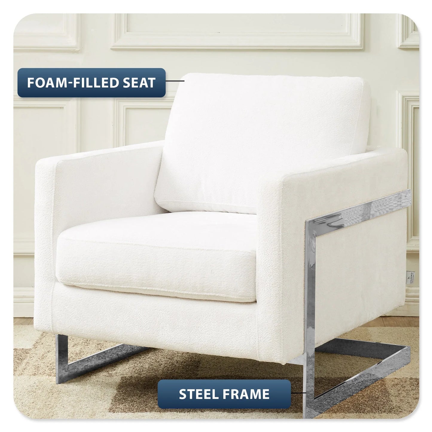 Lincoln Accent Chair Upholstered in Boucle with Black Stainless-Steel Frame - Elax Furniture