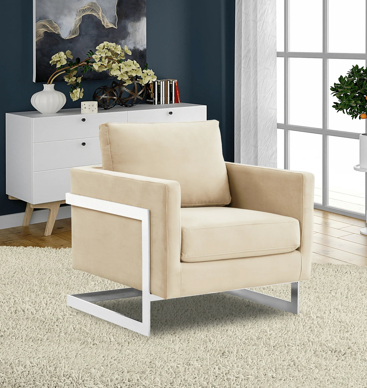 Lincoln Velvet Accent Armchair Singe-Seater Sofa with Chromed Stainless Steel Frame - Elax Furniture