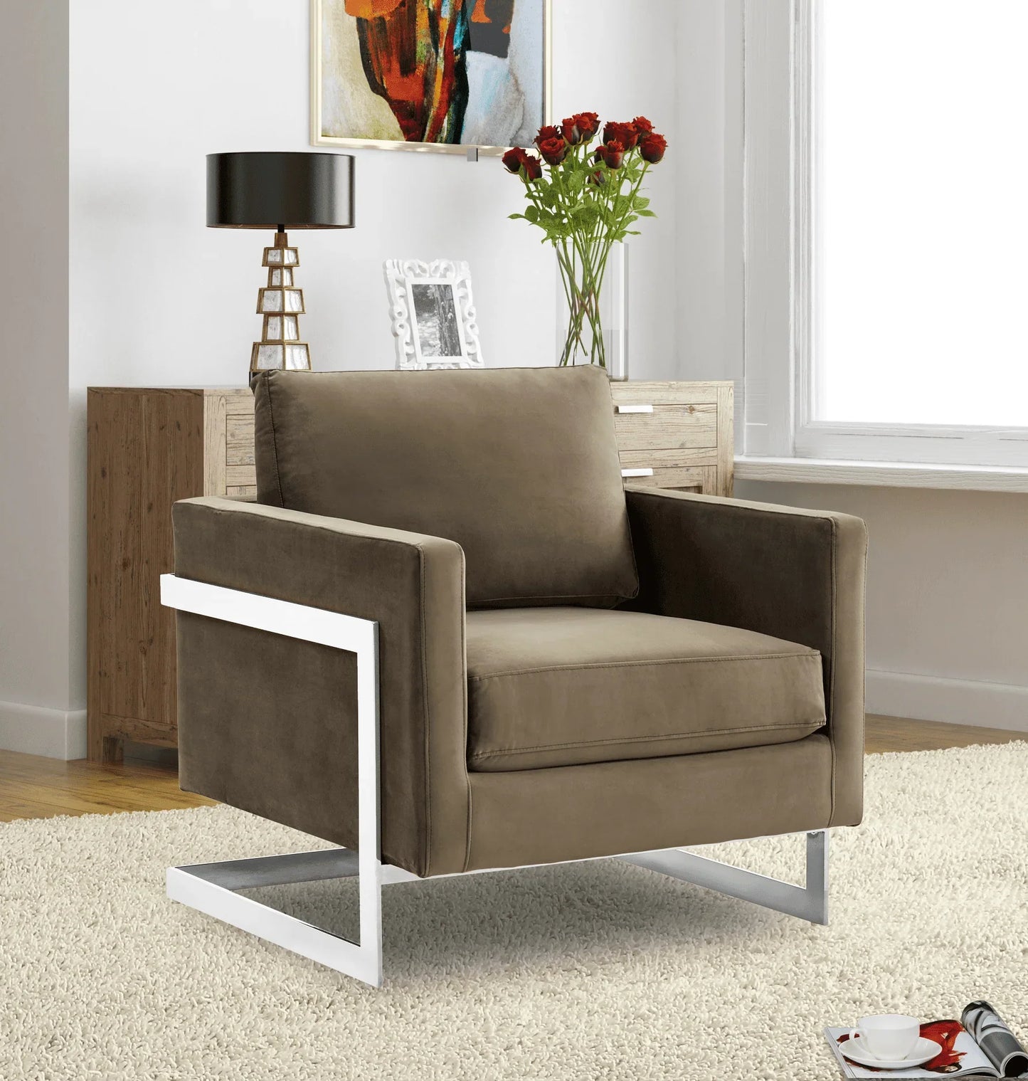 Lincoln Velvet Accent Armchair Singe-Seater Sofa with Chromed Stainless Steel Frame - Elax Furniture