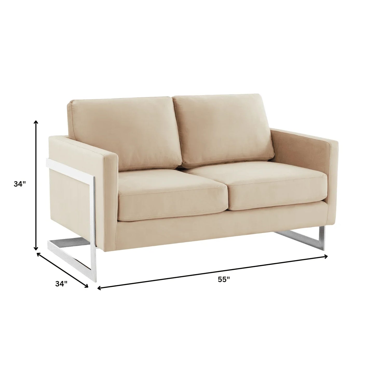 Lincoln Velvet Loveseat Sofa with Removable Cushions and Chromed Stainless Steel Frame - Elax Furniture